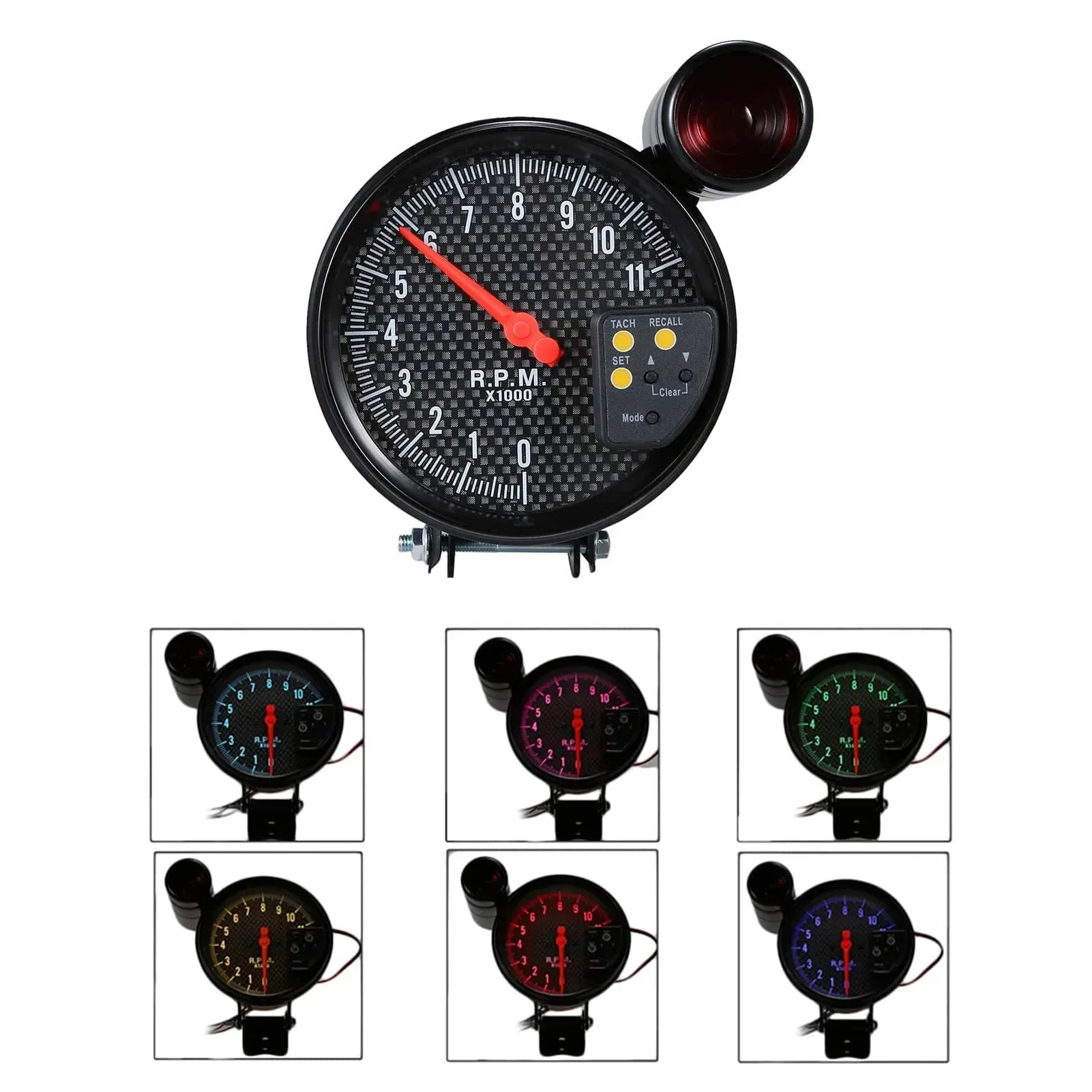 5 Inch Tachometer Carbon Fiber Face 7 Colors With LED Pointer Adjustable Shift Light RPM For 4 6 8 Cylinders Petrol Engine