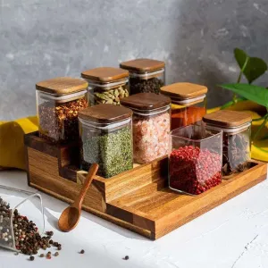 Acacia Wood Cover Glass Seasoning Jars