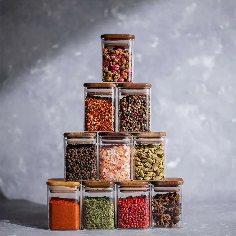 Acacia Wood Cover Glass Seasoning Jars