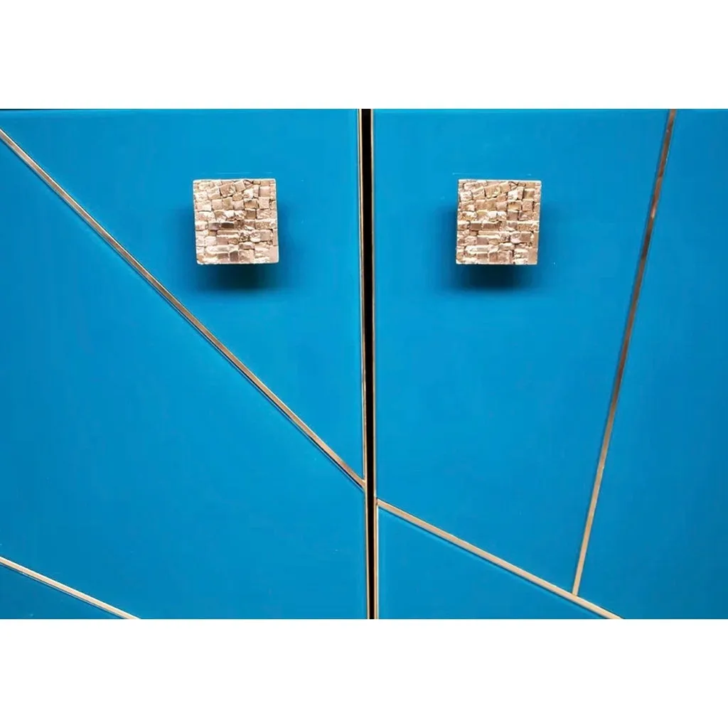 Bespoke Italian Abstract Branch Design 2-Door Turquoise Blue Glass Cabinet