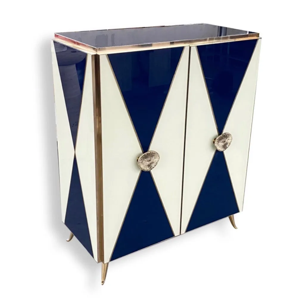 Bespoke Italian Abstract Branch Design 2-Door Turquoise Blue Glass Cabinet