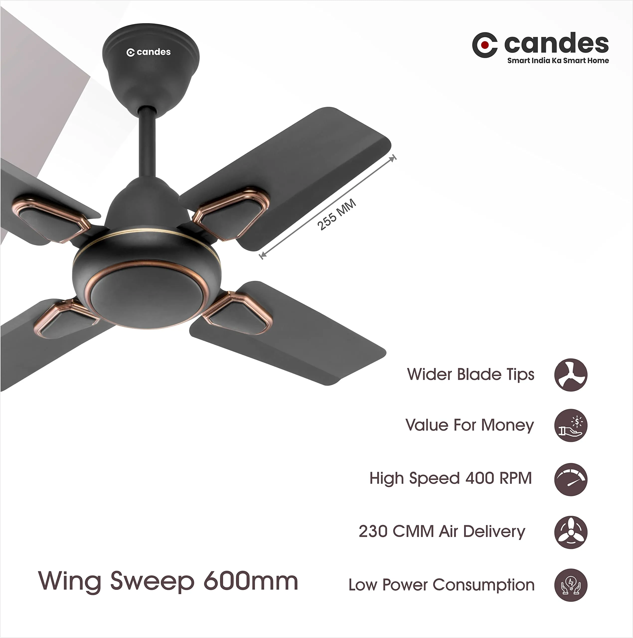 Candes Brio Turbo 600 mm /24 inch Small Ceiling Fans for Home | High Speed, Energy Saver, Noiseless | Small Ceiling Fan for Home, Kitchen Fan, Balcony & Small Room | 2 Yr Warranty | Smoke Brown