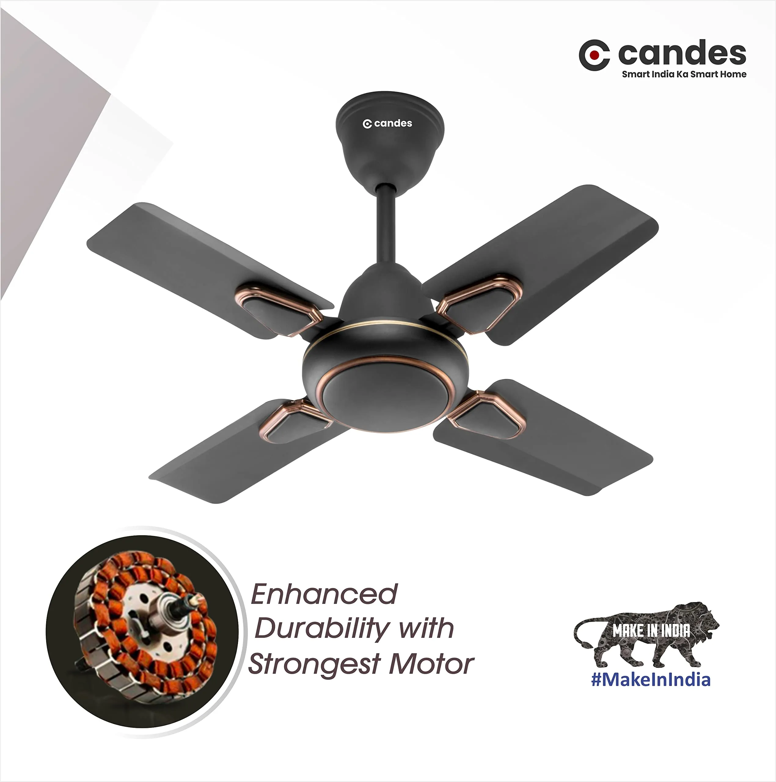 Candes Brio Turbo 600 mm /24 inch Small Ceiling Fans for Home | High Speed, Energy Saver, Noiseless | Small Ceiling Fan for Home, Kitchen Fan, Balcony & Small Room | 2 Yr Warranty | Smoke Brown