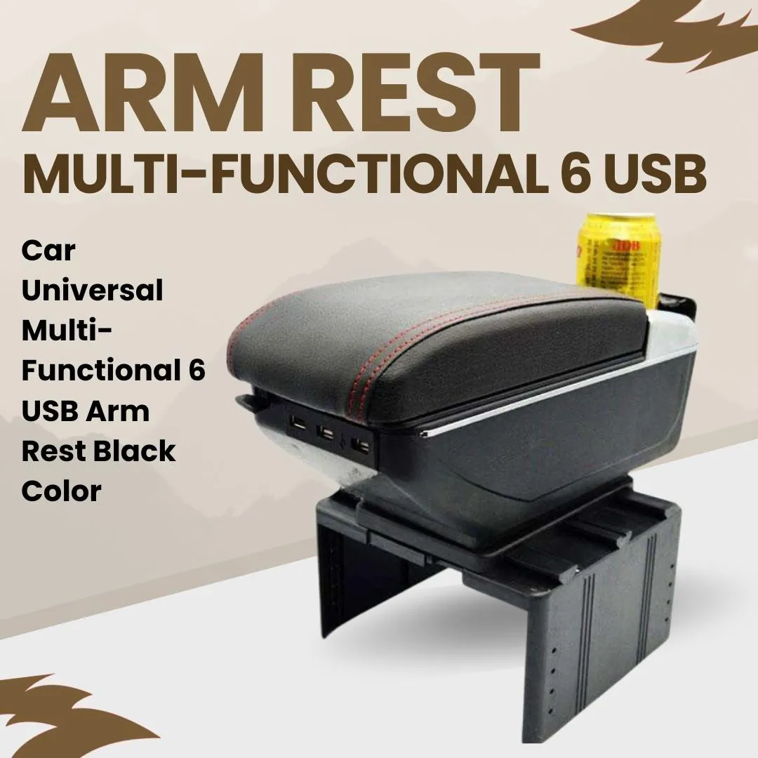 Car Universal Multi-functional 6 USB Arm Rest Black Color