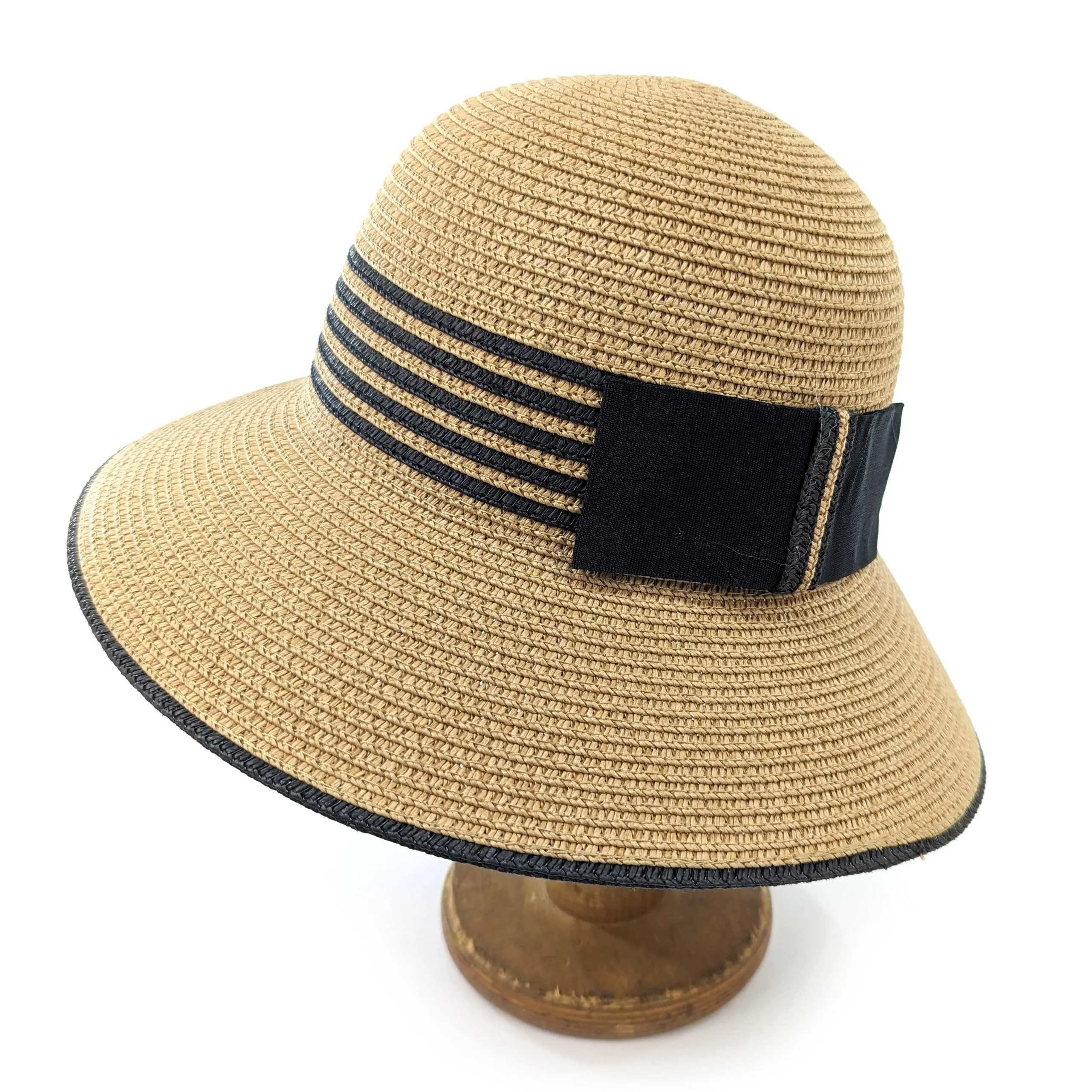 Folding Cloche Style Travel Sun Hat - Natural with Black Stripey Band