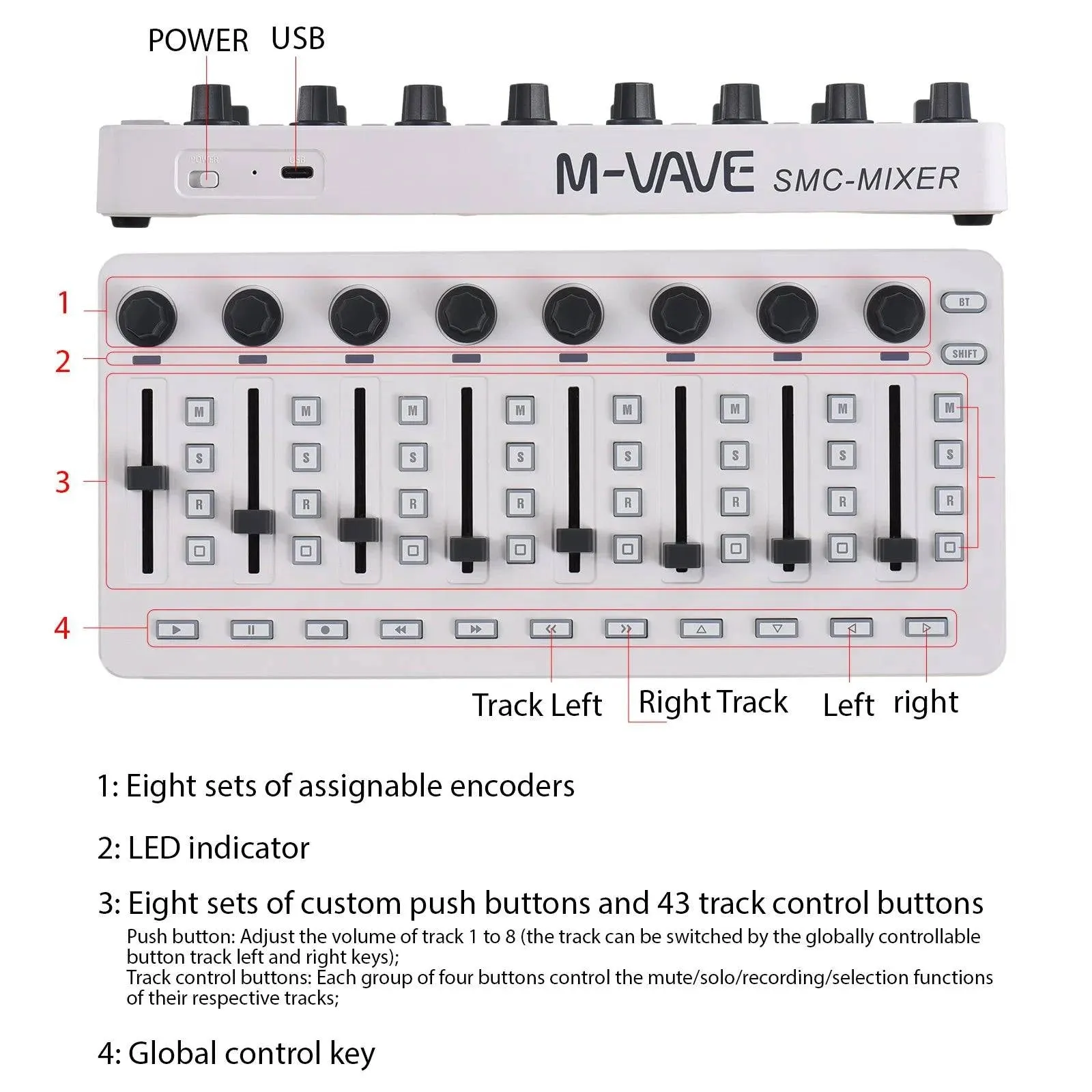 MIDI Controlle MIDI Mixing Console with 43 Buttons 8 Knobs 8 Push Buttons BT Connection Battery/Type-C MIDI Controller Mixer