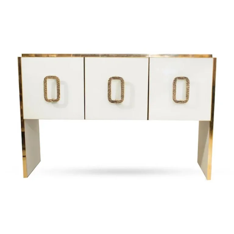 Modern Italian Custom Design Brass Edged Ivory White 2 Door Cabinet/Bar