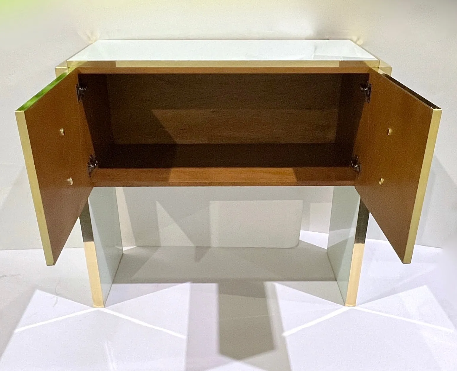 Modern Italian Custom Design Brass Edged Ivory White 2 Door Cabinet/Bar