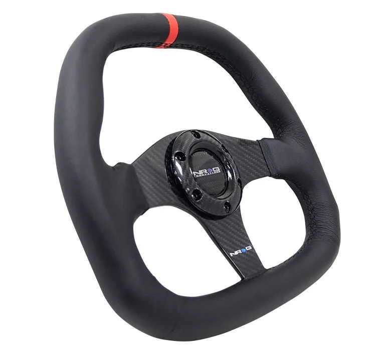 NRG CARBON FIBER STEERING WHEEL 320MM BLACK CARBON FIBER CENTER W/ Black STITCH RED CENTER MARK FLAT BOTTOM - ST-019CF-R