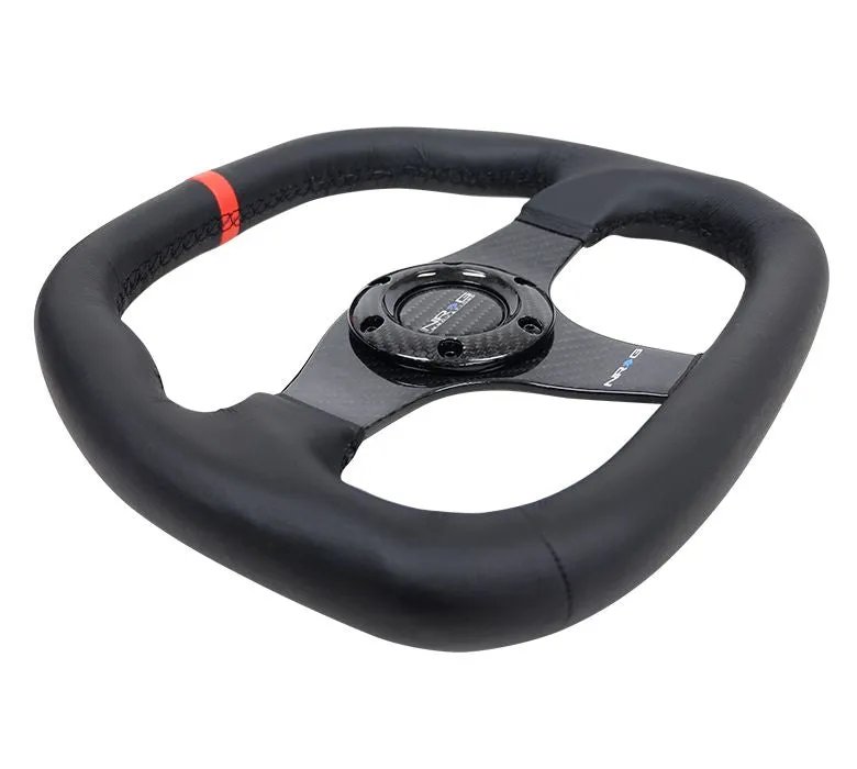 NRG CARBON FIBER STEERING WHEEL 320MM BLACK CARBON FIBER CENTER W/ Black STITCH RED CENTER MARK FLAT BOTTOM - ST-019CF-R