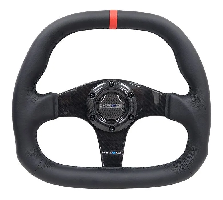 NRG CARBON FIBER STEERING WHEEL 320MM BLACK CARBON FIBER CENTER W/ Black STITCH RED CENTER MARK FLAT BOTTOM - ST-019CF-R