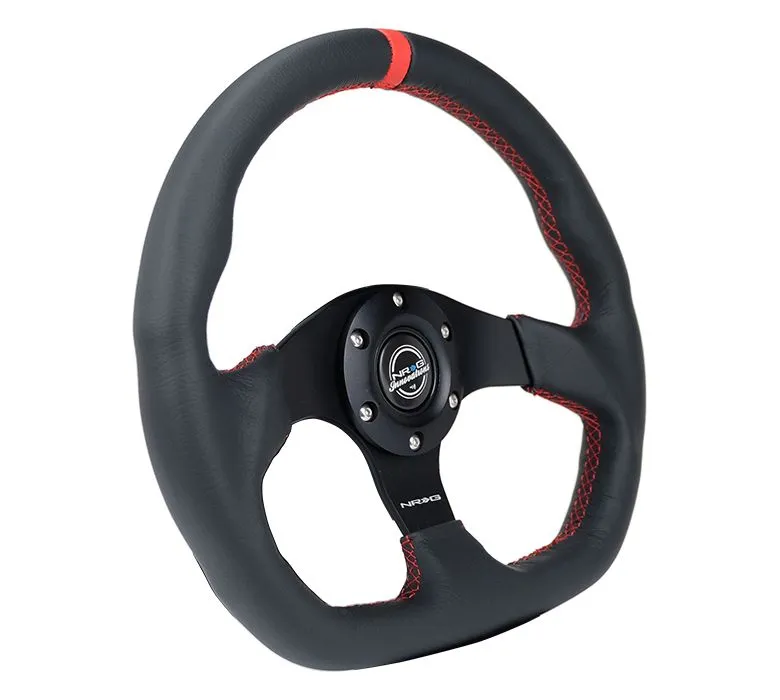 NRG Reinforced Steering Wheel - 320mm Sport Leather flat bottom with Red center mark, Red stitching - RST-024MB-R-RD