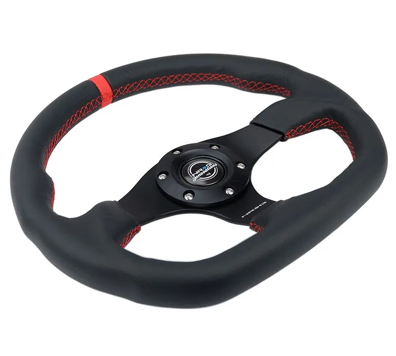 NRG Reinforced Steering Wheel - 320mm Sport Leather flat bottom with Red center mark, Red stitching - RST-024MB-R-RD