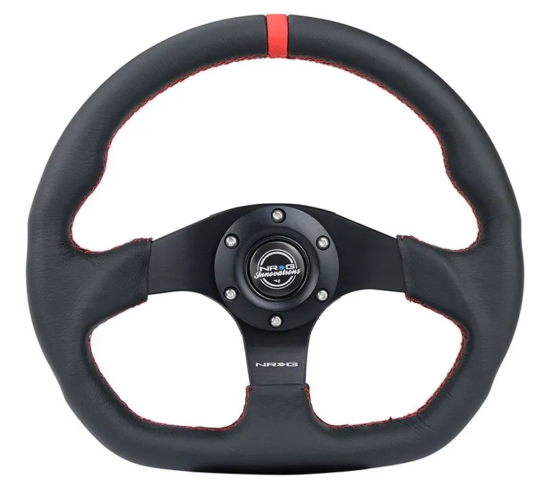 NRG Reinforced Steering Wheel - 320mm Sport Leather flat bottom with Red center mark, Red stitching - RST-024MB-R-RD