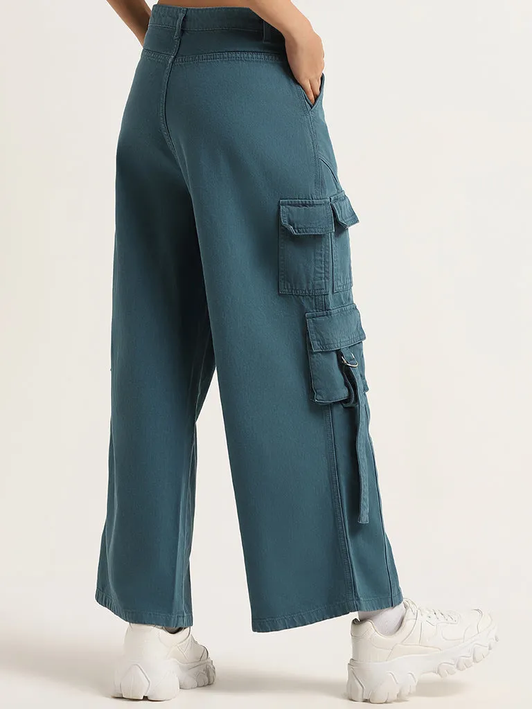 Nuon Teal Cargo High Rise Wide Leg Fit Jeans