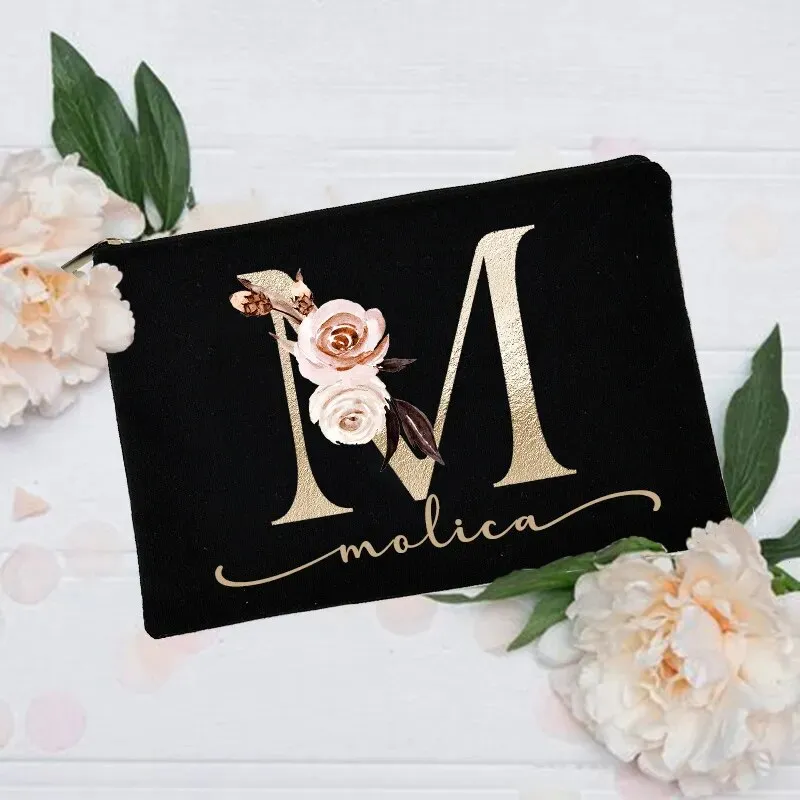 Personalized Custom Initial Name Makeup Bag  Make Up Bags Cosmetic Case Bridal Shower Gift Canvas Toiletry Organizer Bridesmaid