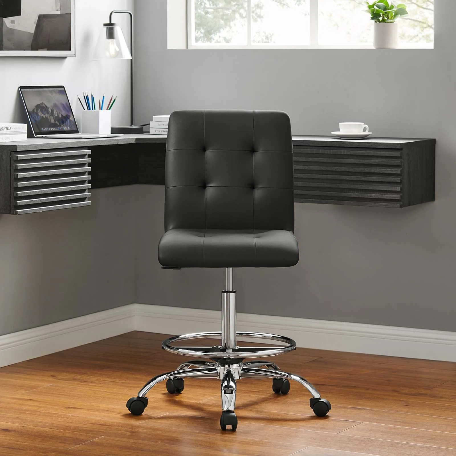 Prim Armless Vegan Leather Drafting Chair Silver Black EEI-4981-SLV-BLK