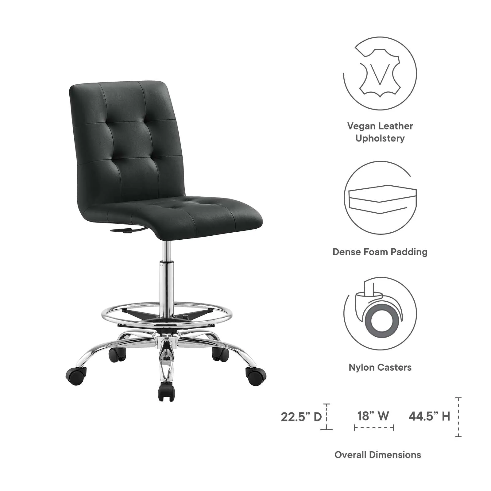 Prim Armless Vegan Leather Drafting Chair Silver Black EEI-4981-SLV-BLK