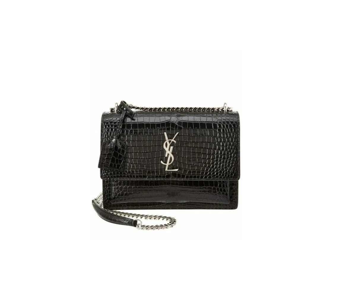 Saint Laurent Sunset Medium Bag In Crocodile-Embossed Leather - Silver