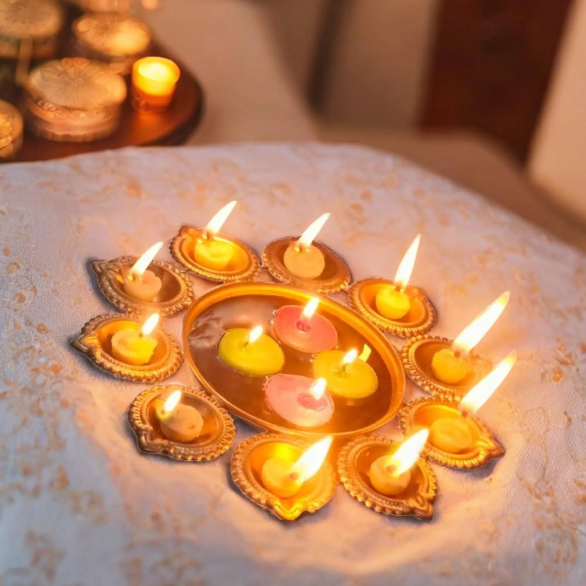 TAHA VENTURES T-Light and Ghee diyas Candle for Festival Decoration or Gift Set for Relatives | Lemon Grass Scent Made of Soy Wax & Pure Ghee | Set of T-Light Candle(4) & Ghee diyas (10)