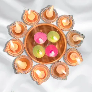 TAHA VENTURES T-Light and Ghee diyas Candle for Festival Decoration or Gift Set for Relatives | Lemon Grass Scent Made of Soy Wax & Pure Ghee | Set of T-Light Candle(4) & Ghee diyas (10)