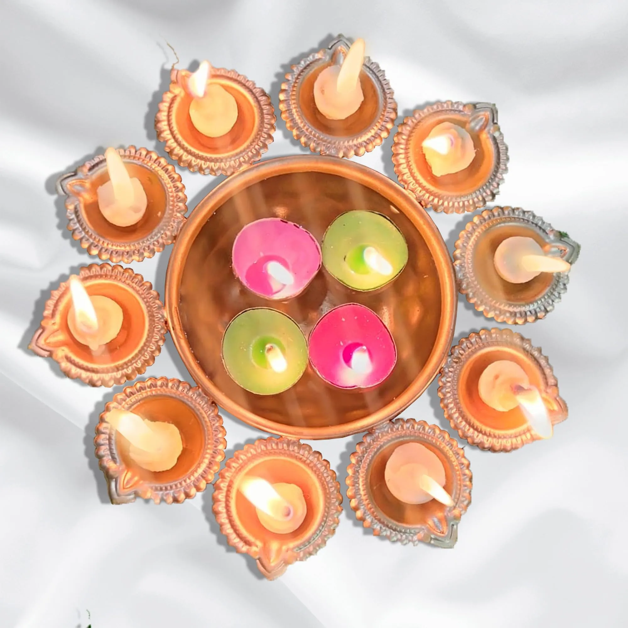TAHA VENTURES T-Light and Ghee diyas Candle for Festival Decoration or Gift Set for Relatives | Lemon Grass Scent Made of Soy Wax & Pure Ghee | Set of T-Light Candle(4) & Ghee diyas (10)